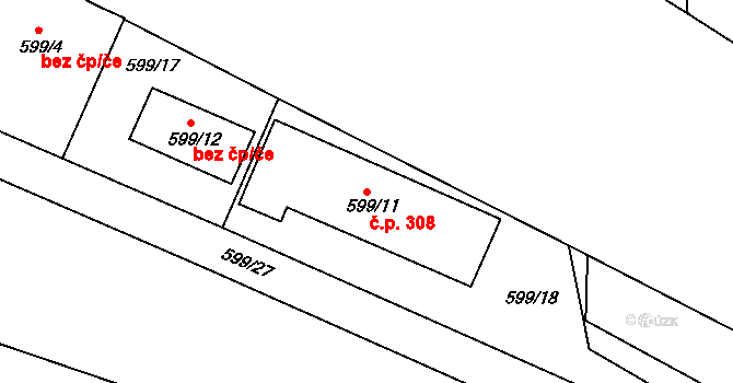 Lípa 308 na parcele st. 599/11 v KÚ Lípa nad Dřevnicí, Katastrální mapa