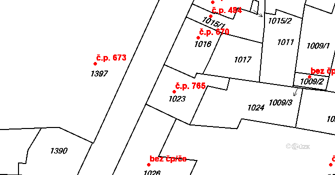 Třešť 765 na parcele st. 1023 v KÚ Třešť, Katastrální mapa