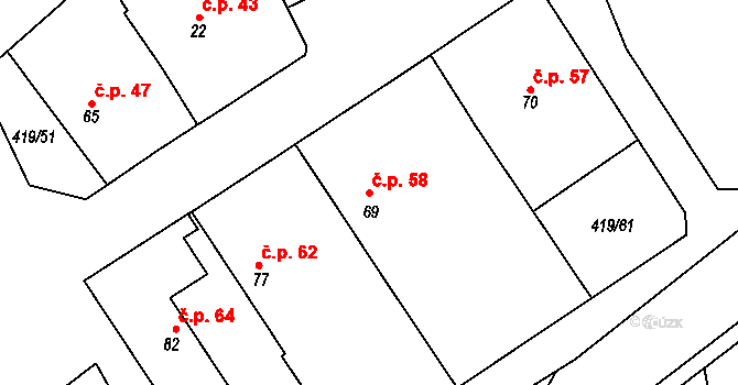 Běleč 58 na parcele st. 69 v KÚ Běleč, Katastrální mapa