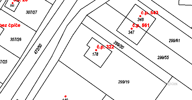 Tuchoměřice 322 na parcele st. 178 v KÚ Kněžívka, Katastrální mapa