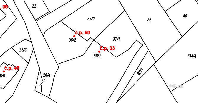 Čáslavky 33, Dolany na parcele st. 36/1 v KÚ Čáslavky, Katastrální mapa
