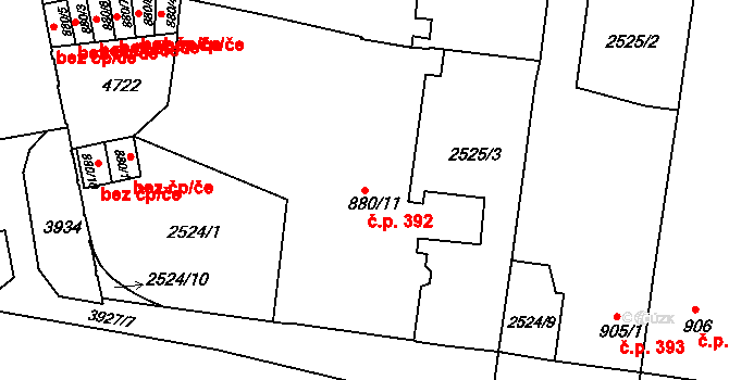 Zelené Předměstí 392, Pardubice na parcele st. 880/11 v KÚ Pardubice, Katastrální mapa