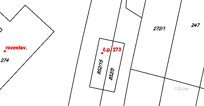 Veselá 273 na parcele st. 852/15 v KÚ Veselá u Zlína, Katastrální mapa