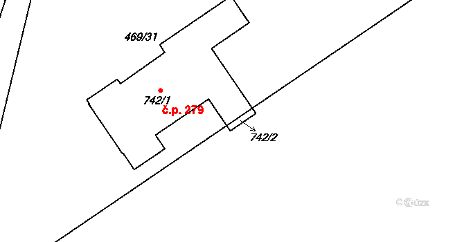 Roztoky 279 na parcele st. 742/1 v KÚ Roztoky u Křivoklátu, Katastrální mapa