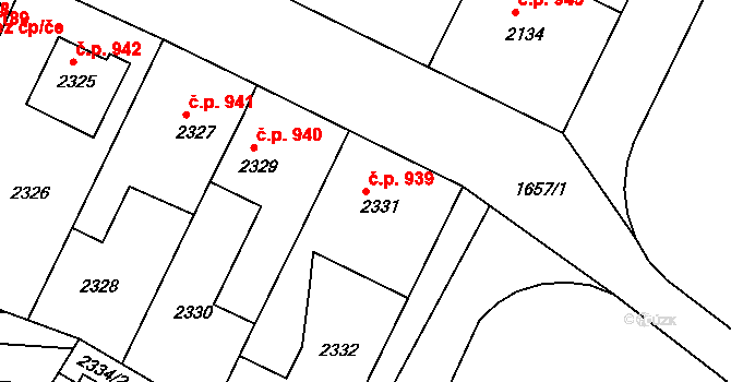 Hustopeče 939 na parcele st. 2331 v KÚ Hustopeče u Brna, Katastrální mapa