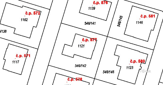 Chýnov 577 na parcele st. 1121 v KÚ Chýnov u Tábora, Katastrální mapa