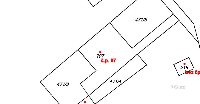 Střelice 97 na parcele st. 107 v KÚ Střelice u Jevišovic, Katastrální mapa