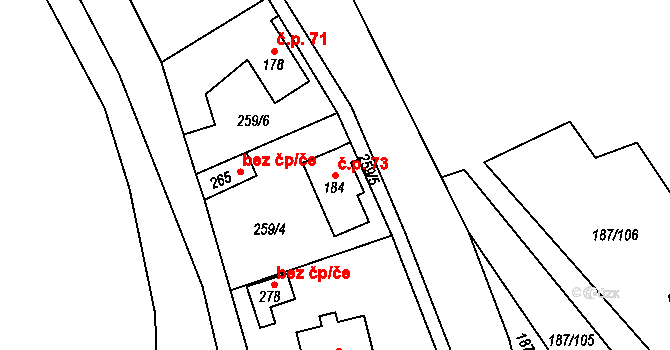 Zákolany 73 na parcele st. 184 v KÚ Trněný Újezd u Zákolan, Katastrální mapa