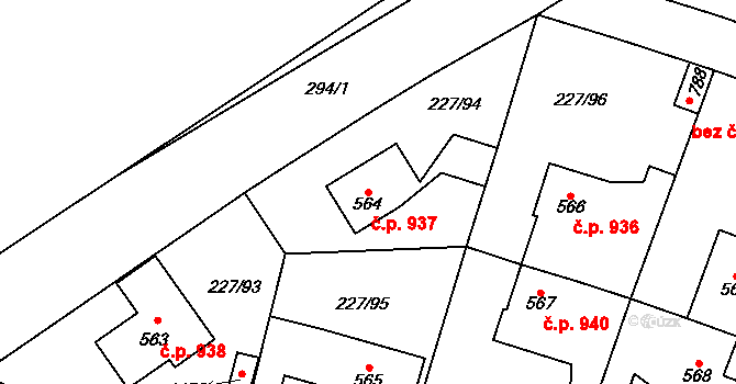 Švermov 937, Kladno na parcele st. 564 v KÚ Hnidousy, Katastrální mapa
