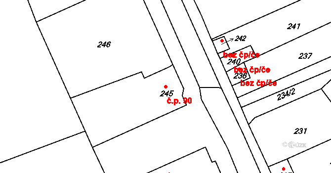 Obůrka 90, Blansko na parcele st. 245 v KÚ Těchov, Katastrální mapa