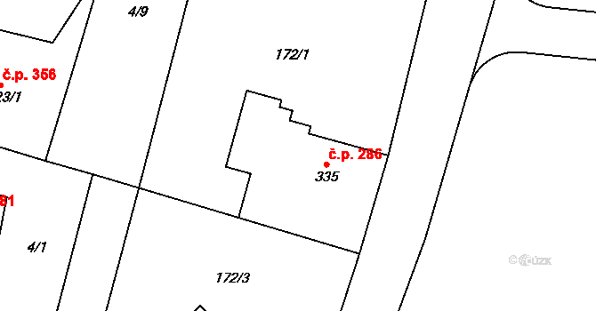 Hudlice 286 na parcele st. 335 v KÚ Hudlice, Katastrální mapa