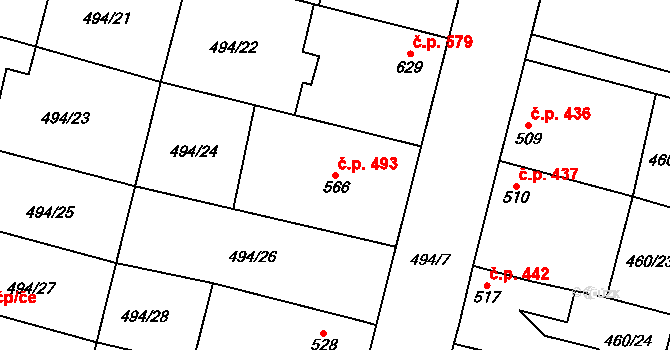 Libochovice 493 na parcele st. 566 v KÚ Libochovice, Katastrální mapa