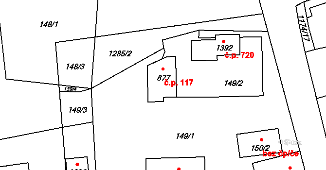 Mladá Vožice 117 na parcele st. 877 v KÚ Mladá Vožice, Katastrální mapa