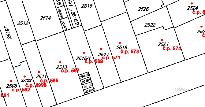Černá Pole 571, Brno na parcele st. 2517 v KÚ Černá Pole, Katastrální mapa