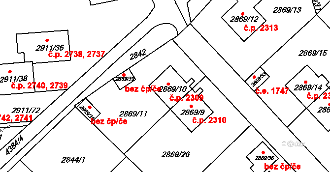 Teplice 2309 na parcele st. 2869/10 v KÚ Teplice, Katastrální mapa