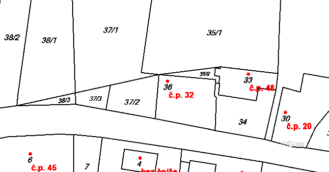 Hrdlořezy 32, Suchdol nad Lužnicí na parcele st. 36 v KÚ Hrdlořezy u Suchdola nad Lužnicí, Katastrální mapa