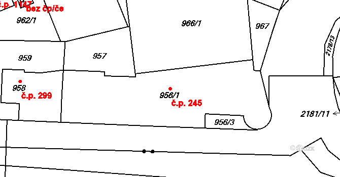 Ruzyně 245, Praha na parcele st. 956/1 v KÚ Ruzyně, Katastrální mapa