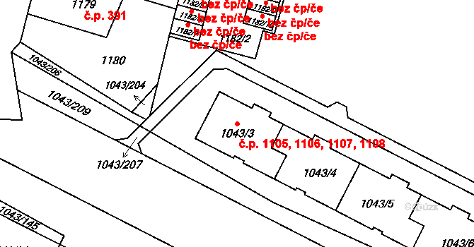Doubravka 1105,1106,1107,1108, Plzeň na parcele st. 1043/3 v KÚ Doubravka, Katastrální mapa