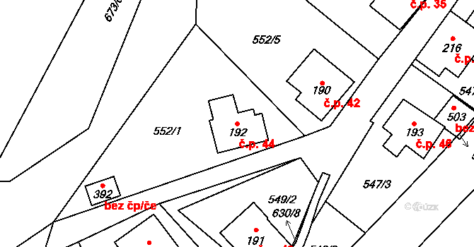 Oldřichovice 44, Ústí nad Orlicí na parcele st. 192 v KÚ Oldřichovice u Ústí nad Orlicí, Katastrální mapa