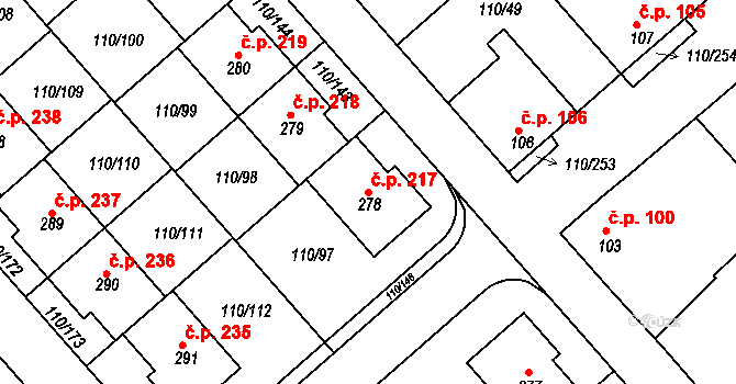 Mratín 217 na parcele st. 278 v KÚ Mratín, Katastrální mapa