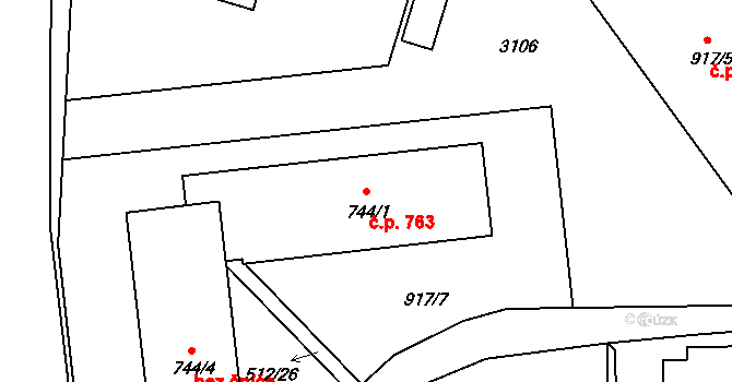 Milevsko 763 na parcele st. 744/1 v KÚ Milevsko, Katastrální mapa