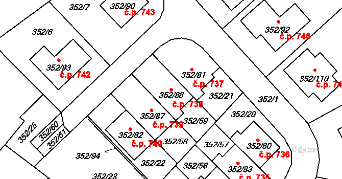 Hrušovany u Brna 738 na parcele st. 352/88 v KÚ Hrušovany u Brna, Katastrální mapa
