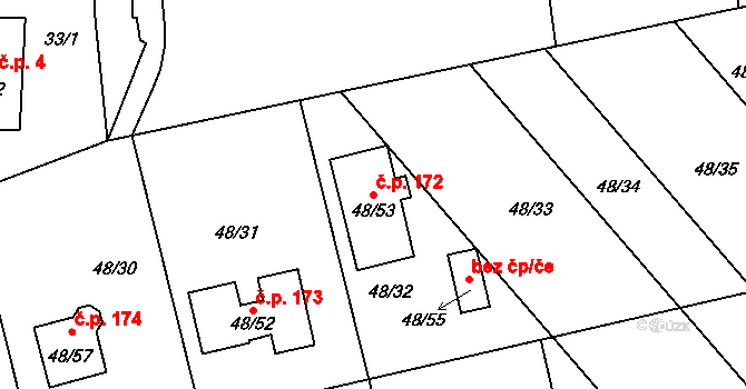 Valtířov 172, Velké Březno na parcele st. 48/53 v KÚ Valtířov nad Labem, Katastrální mapa