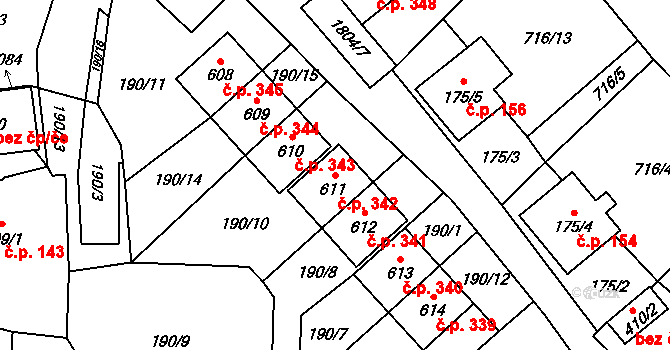 Ryžoviště 342 na parcele st. 611 v KÚ Ryžoviště, Katastrální mapa