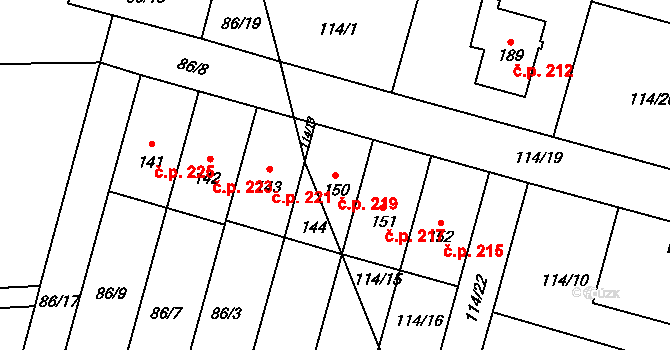 Horní Bory 219, Bory na parcele st. 150 v KÚ Horní Bory, Katastrální mapa