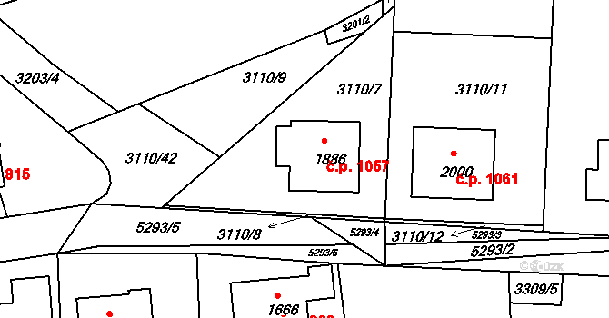 Vizovice 1057 na parcele st. 1886 v KÚ Vizovice, Katastrální mapa