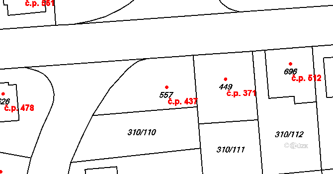 Prštné 437, Zlín na parcele st. 557 v KÚ Prštné, Katastrální mapa