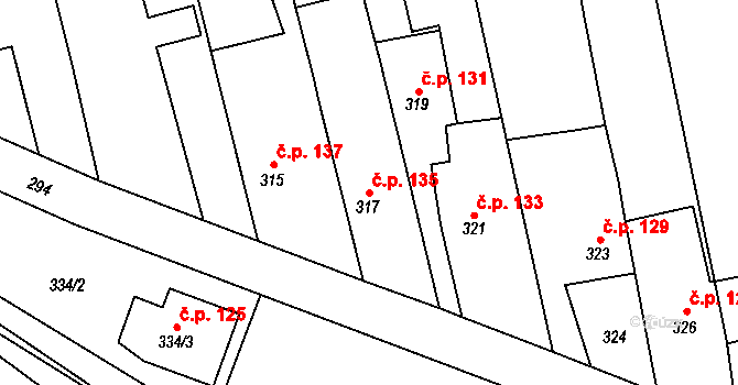 Chlebičov 135 na parcele st. 317 v KÚ Chlebičov, Katastrální mapa