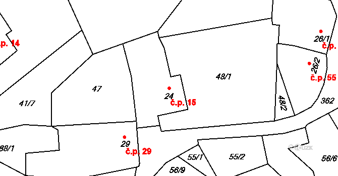 Žlebské Chvalovice 15 na parcele st. 24 v KÚ Žlebské Chvalovice, Katastrální mapa
