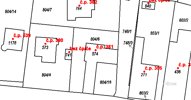 Hanušovice 381 na parcele st. 574 v KÚ Hanušovice, Katastrální mapa