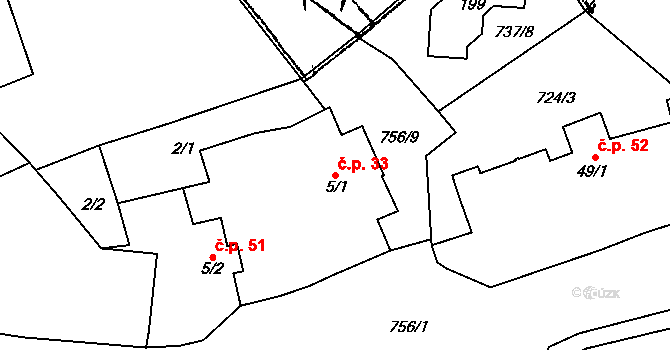 Kvíčovice 33 na parcele st. 5/1 v KÚ Kvíčovice, Katastrální mapa