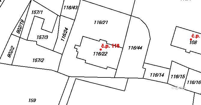 Poběžovice 116 na parcele st. 116/22 v KÚ Poběžovice u Domažlic, Katastrální mapa
