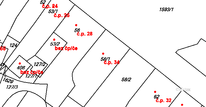 Nový Hrádek 34 na parcele st. 58/1 v KÚ Nový Hrádek, Katastrální mapa