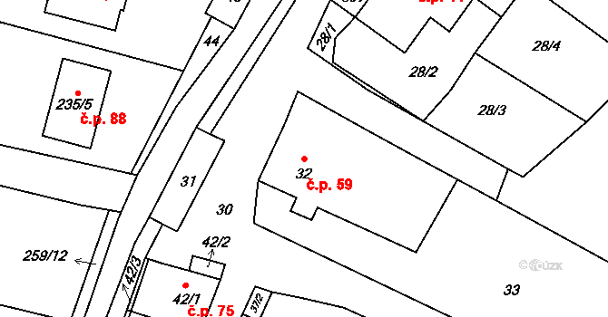 Chrudichromy 59 na parcele st. 32 v KÚ Chrudichromy, Katastrální mapa