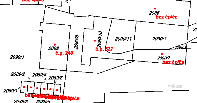 Rájec 627, Rájec-Jestřebí na parcele st. 2090/10 v KÚ Rájec nad Svitavou, Katastrální mapa