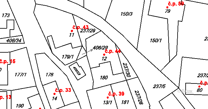 Veleboř 44, Klopina na parcele st. 12 v KÚ Veleboř, Katastrální mapa