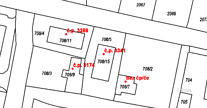 Záběhlice 3341, Praha na parcele st. 708/15 v KÚ Záběhlice, Katastrální mapa