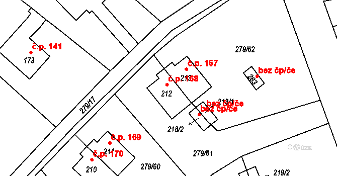 Měcholupy 168 na parcele st. 212 v KÚ Měcholupy u Žatce, Katastrální mapa