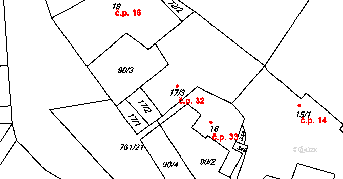 Petrovice 32, Týniště nad Orlicí na parcele st. 17/3 v KÚ Petrovice nad Orlicí, Katastrální mapa