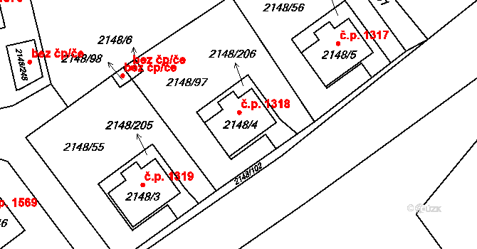 Nový Bor 1318 na parcele st. 2148/4 v KÚ Nový Bor, Katastrální mapa