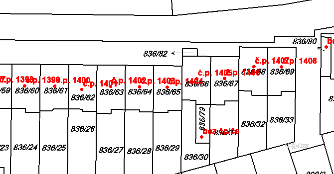 Slavkov u Brna 1404 na parcele st. 836/65 v KÚ Slavkov u Brna, Katastrální mapa