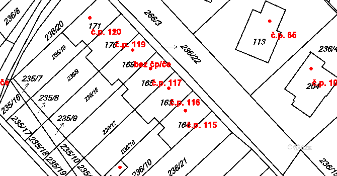 Bradlec 116 na parcele st. 163 v KÚ Bradlec, Katastrální mapa