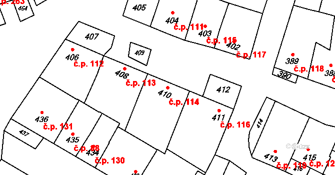 Křelov 114, Křelov-Břuchotín na parcele st. 410 v KÚ Křelov, Katastrální mapa