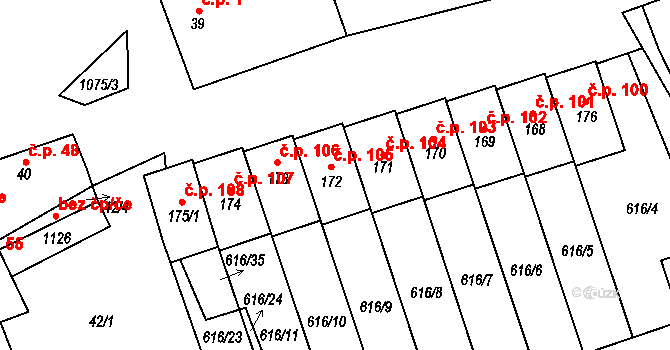 Žabovřesky nad Ohří 105 na parcele st. 172 v KÚ Žabovřesky nad Ohří, Katastrální mapa