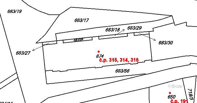 Děčín IX-Bynov 314,315,316, Děčín na parcele st. 874 v KÚ Bynov, Katastrální mapa