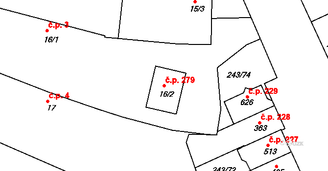Týn 279, Třebíč na parcele st. 16/2 v KÚ Týn u Třebíče, Katastrální mapa